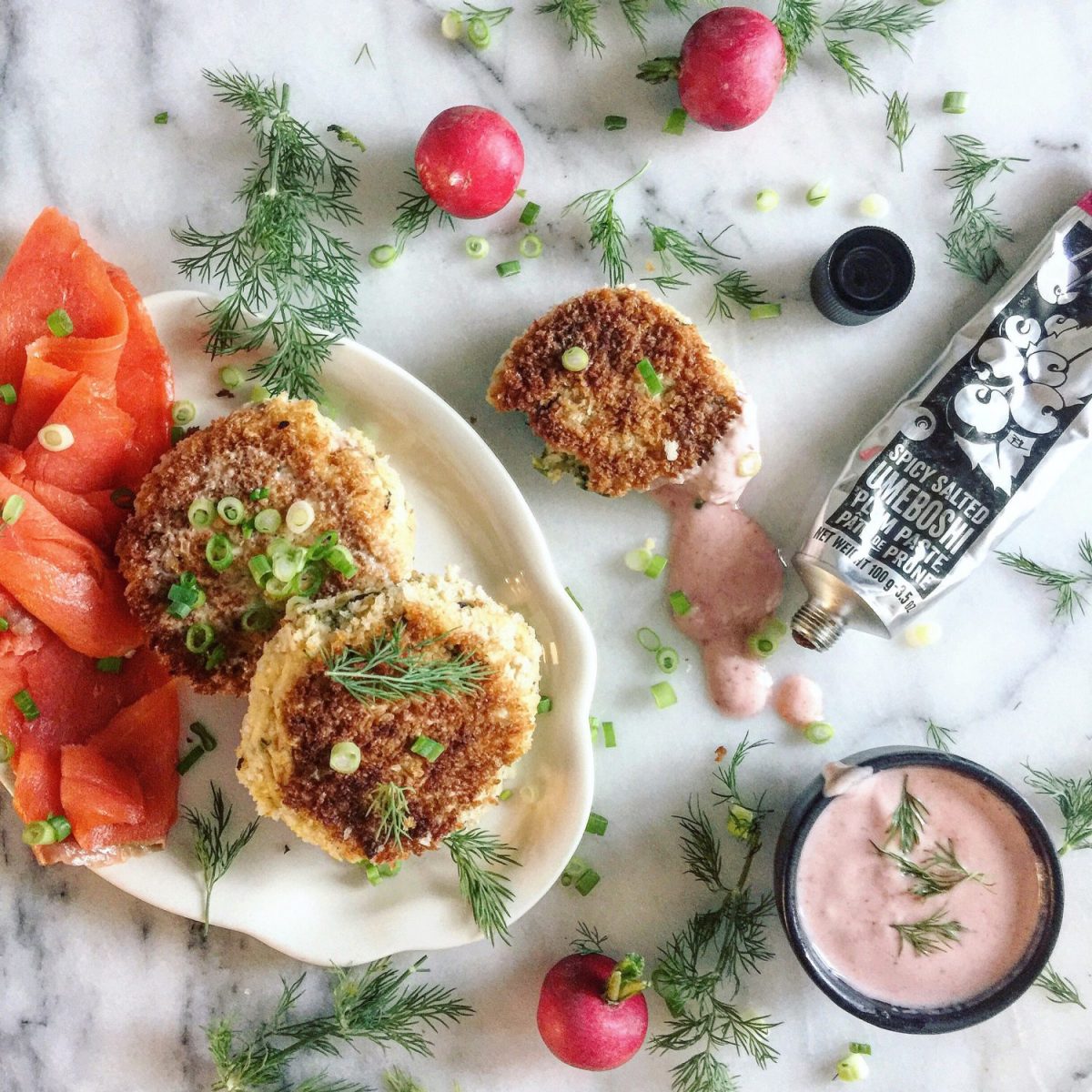 Potato, Kale and Bacon Cakes with Ume Shallot Aioli