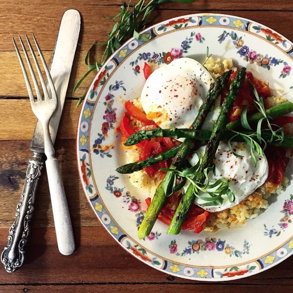 Griddled Asparagus, Piperade, Poached Eggs and Grits