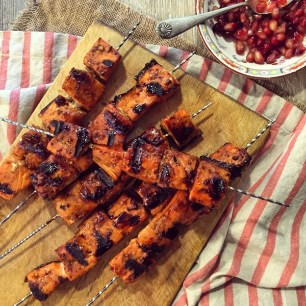 Pomegranate Glazed Salmon Skewers