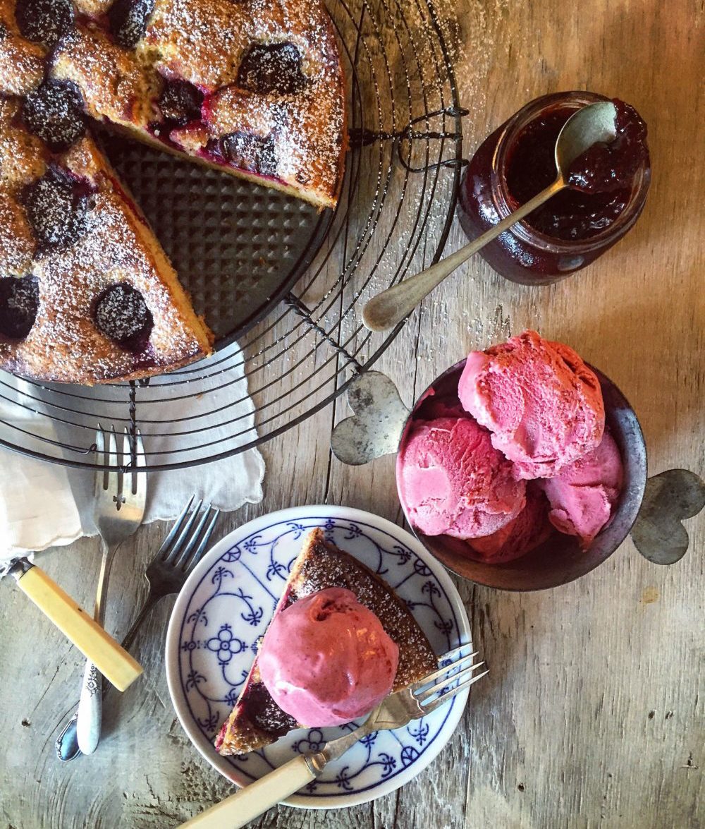 Plum Torte with Roasted Plum and Cardamom Ice Cream