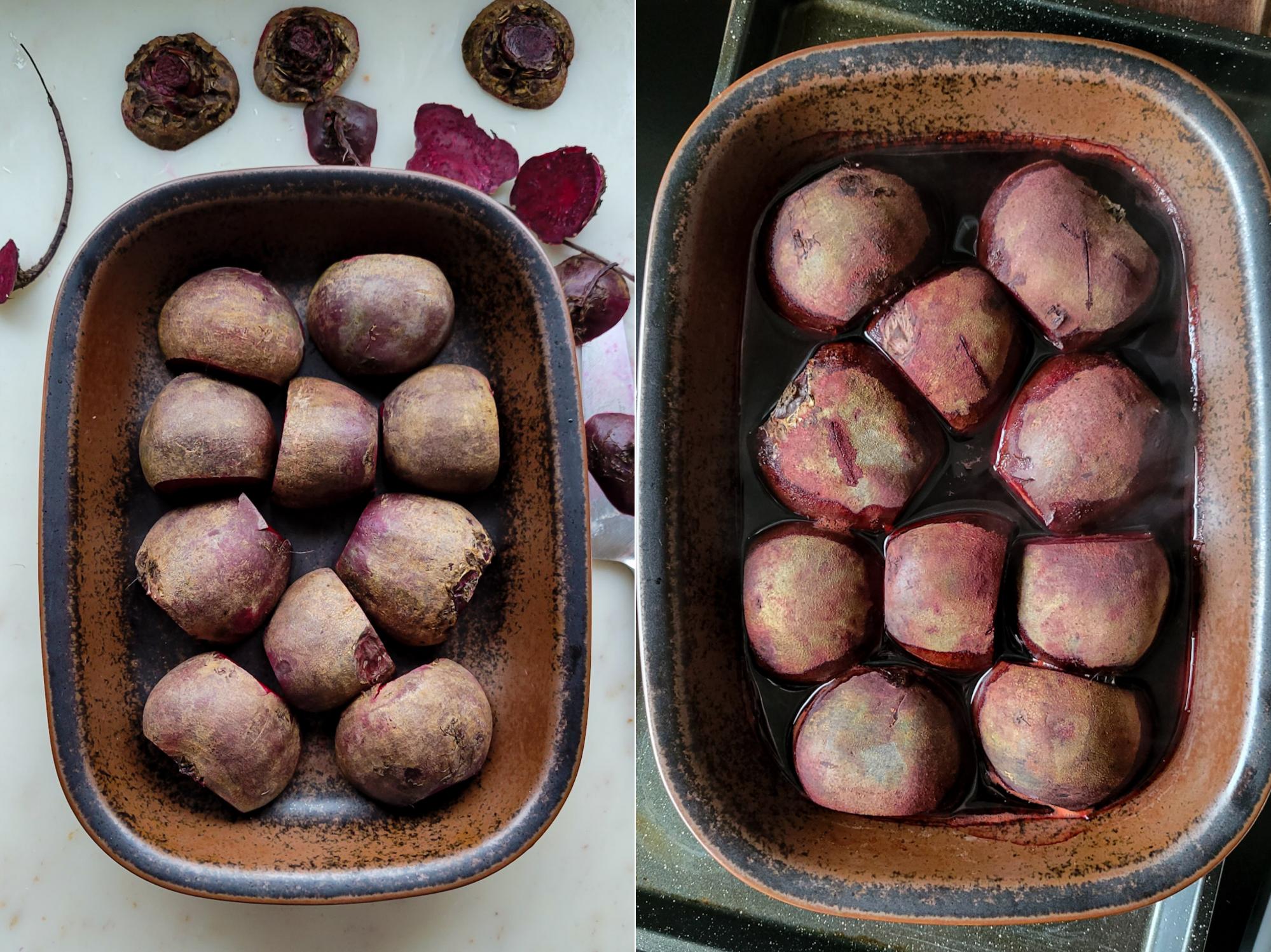 Collage showing beets, before and after roasting for Borscht in Short Rib Stock