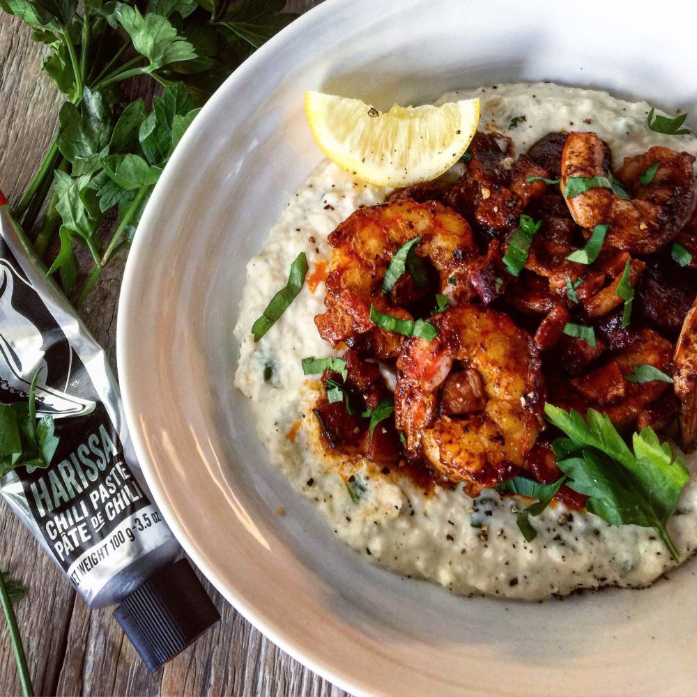 Harissa Shrimp and Cauliflower Grits