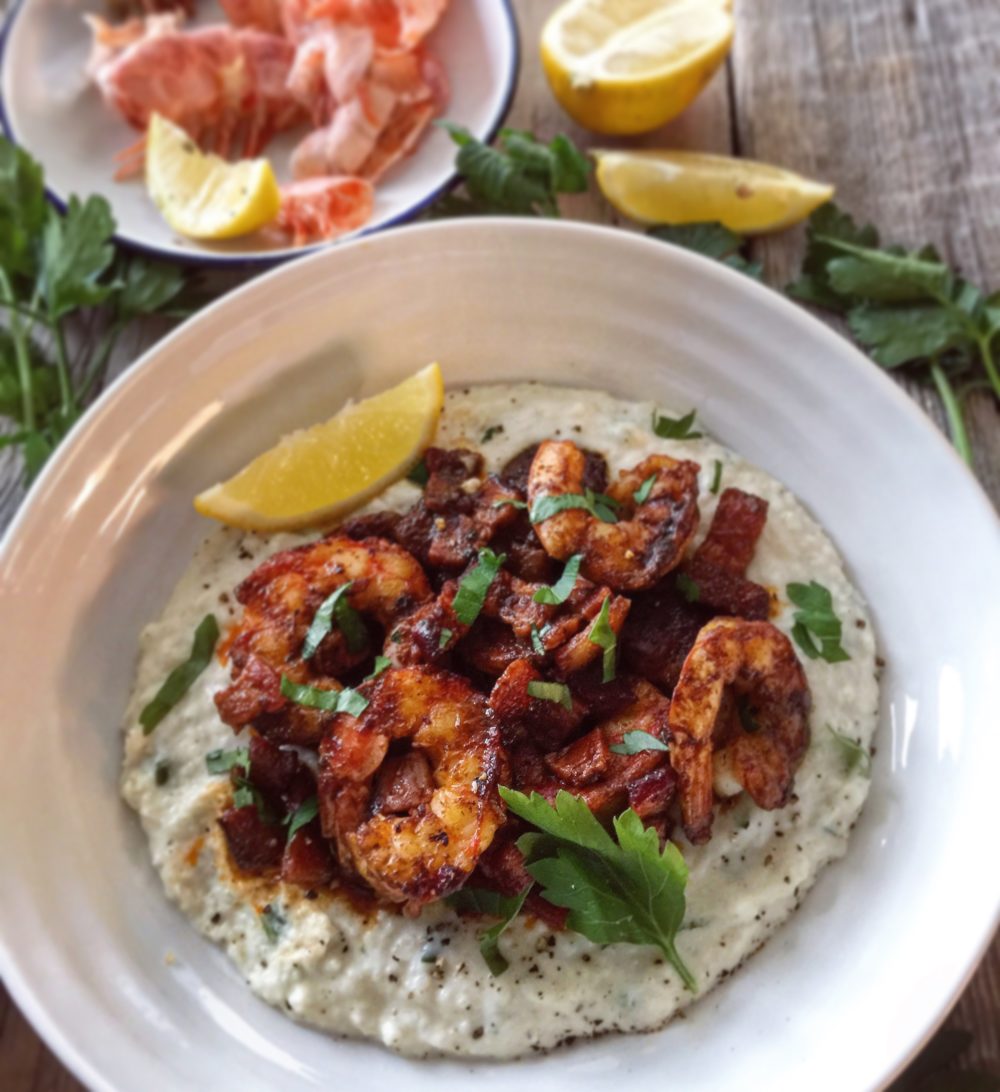 Harissa Shrimp and Cauliflower Grits