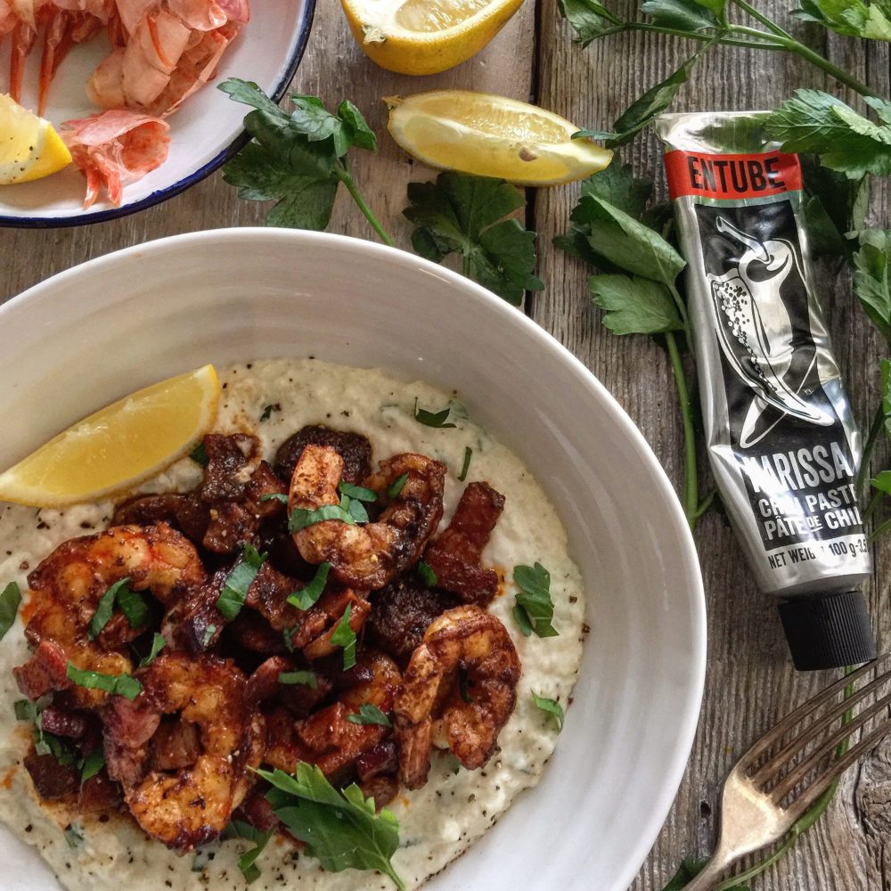 Harissa Shrimp and Cauliflower Grits