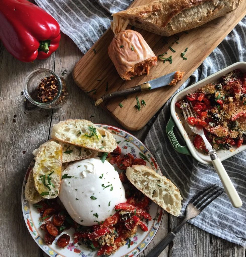 Roasted Red Pepper Gratin is served up with burrata and crostini.