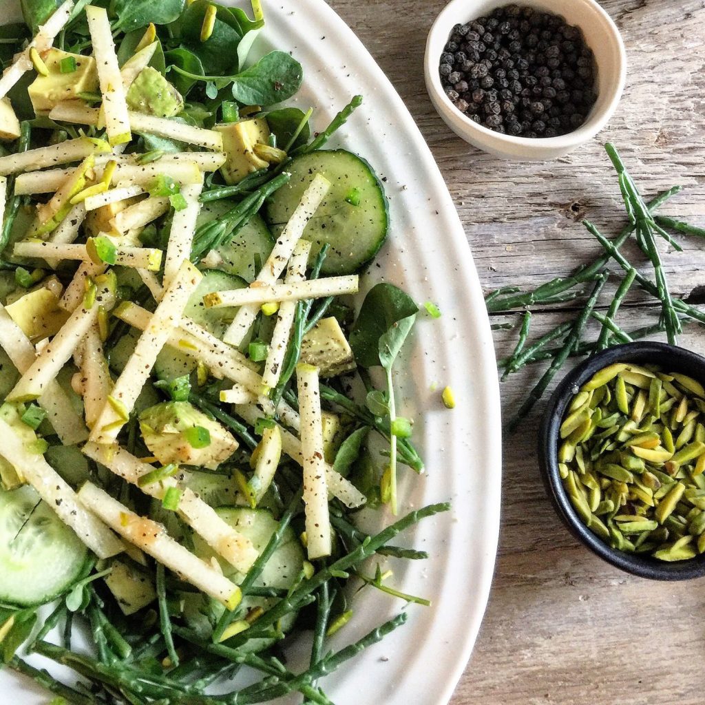 Cress, Sea Asparagus and Cucumber Salad with Pear and Shallot Champagne