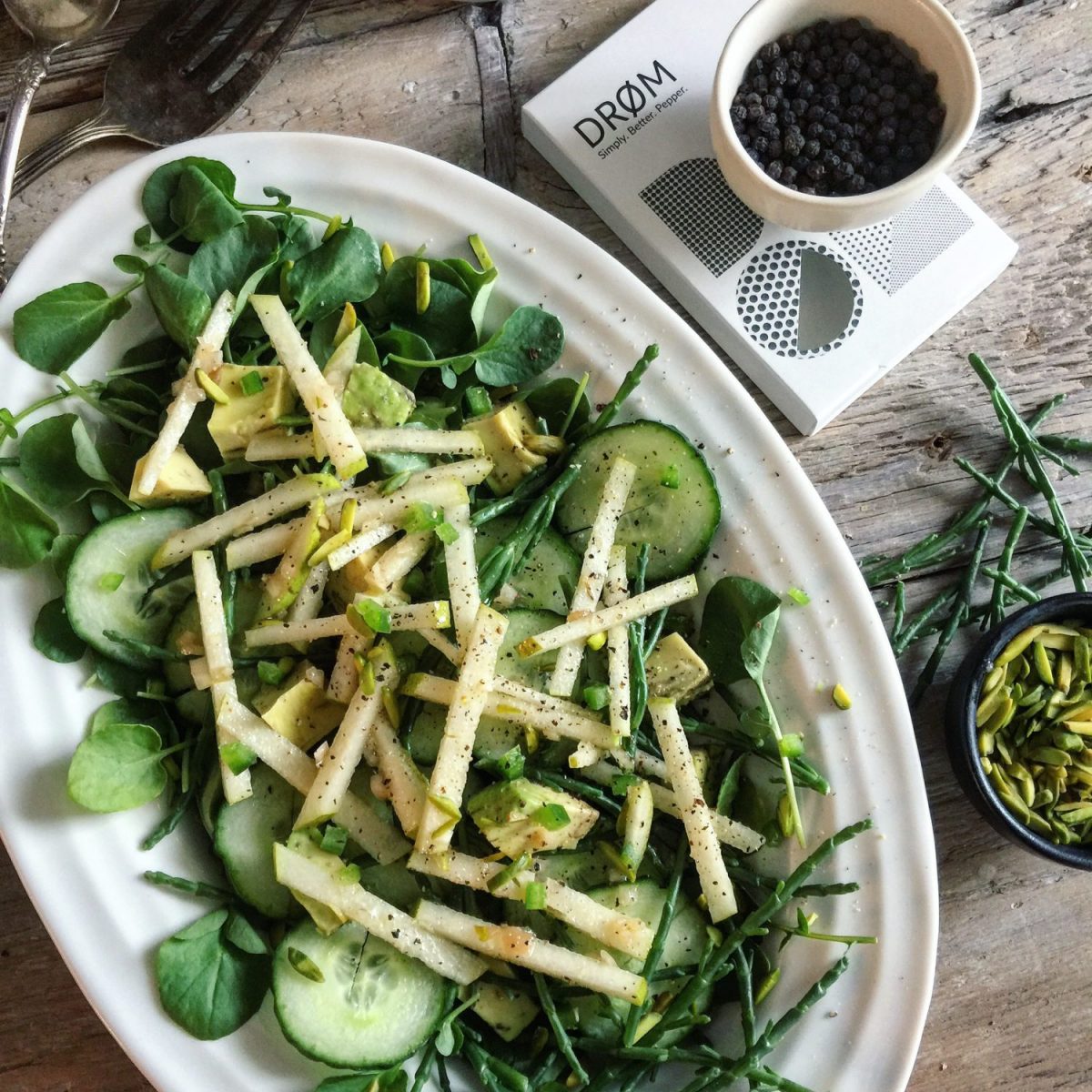 Cress, Sea Asparagus and Cucumber Salad with Pear and Shallot Champagne Vinaigrette