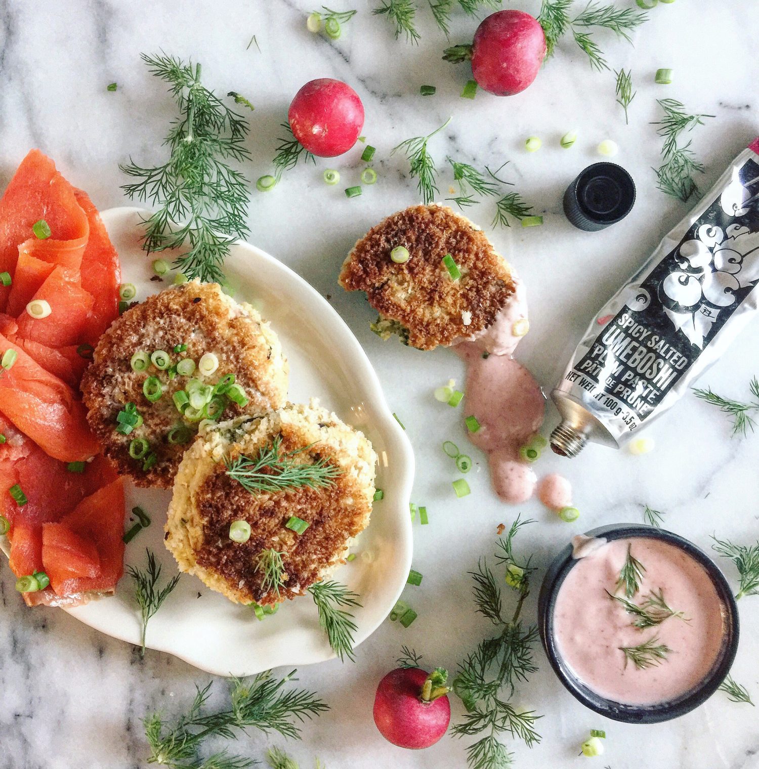 Potato, Kale and Bacon Cakes with Ume Shallot Aioli