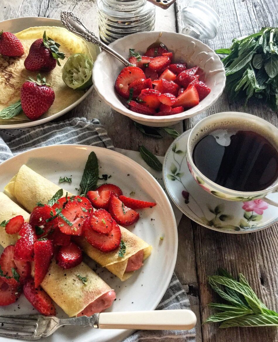 Rhubarb Curd, Honey and Lime Strawberry Crepes