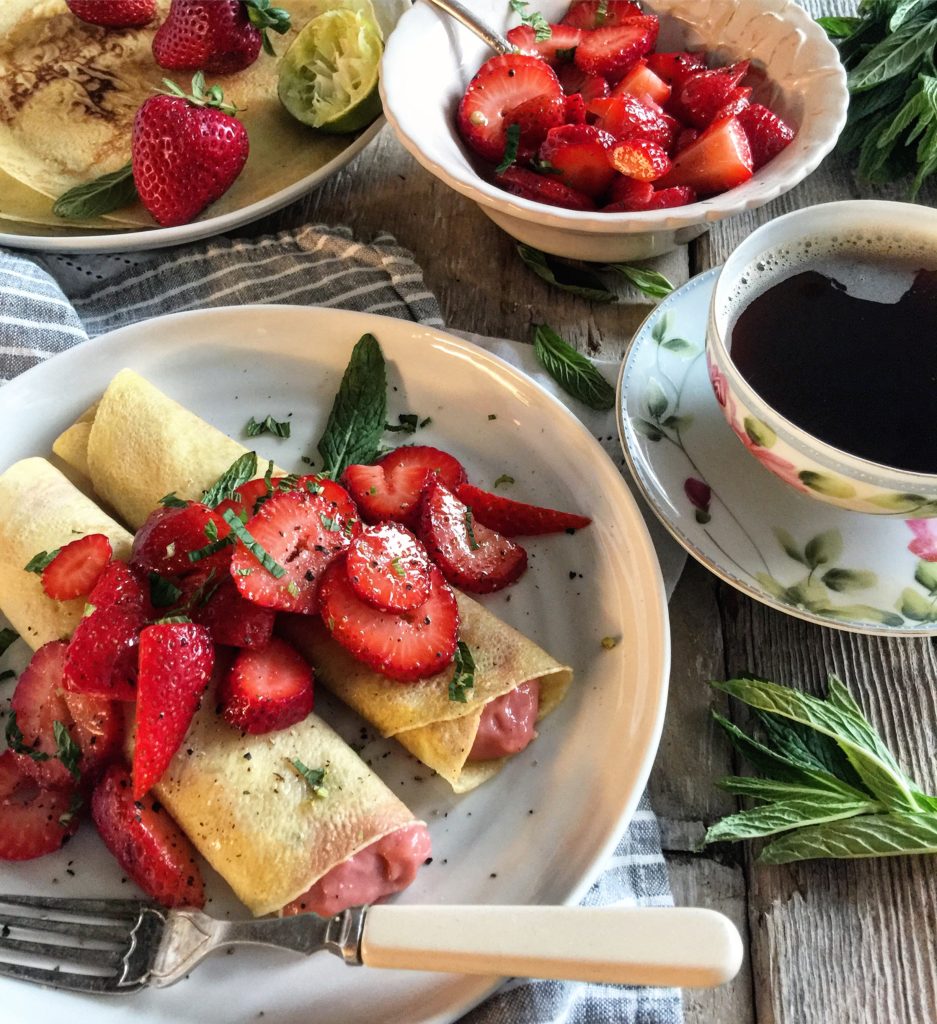 Crepes stuffed with rhubarb curd