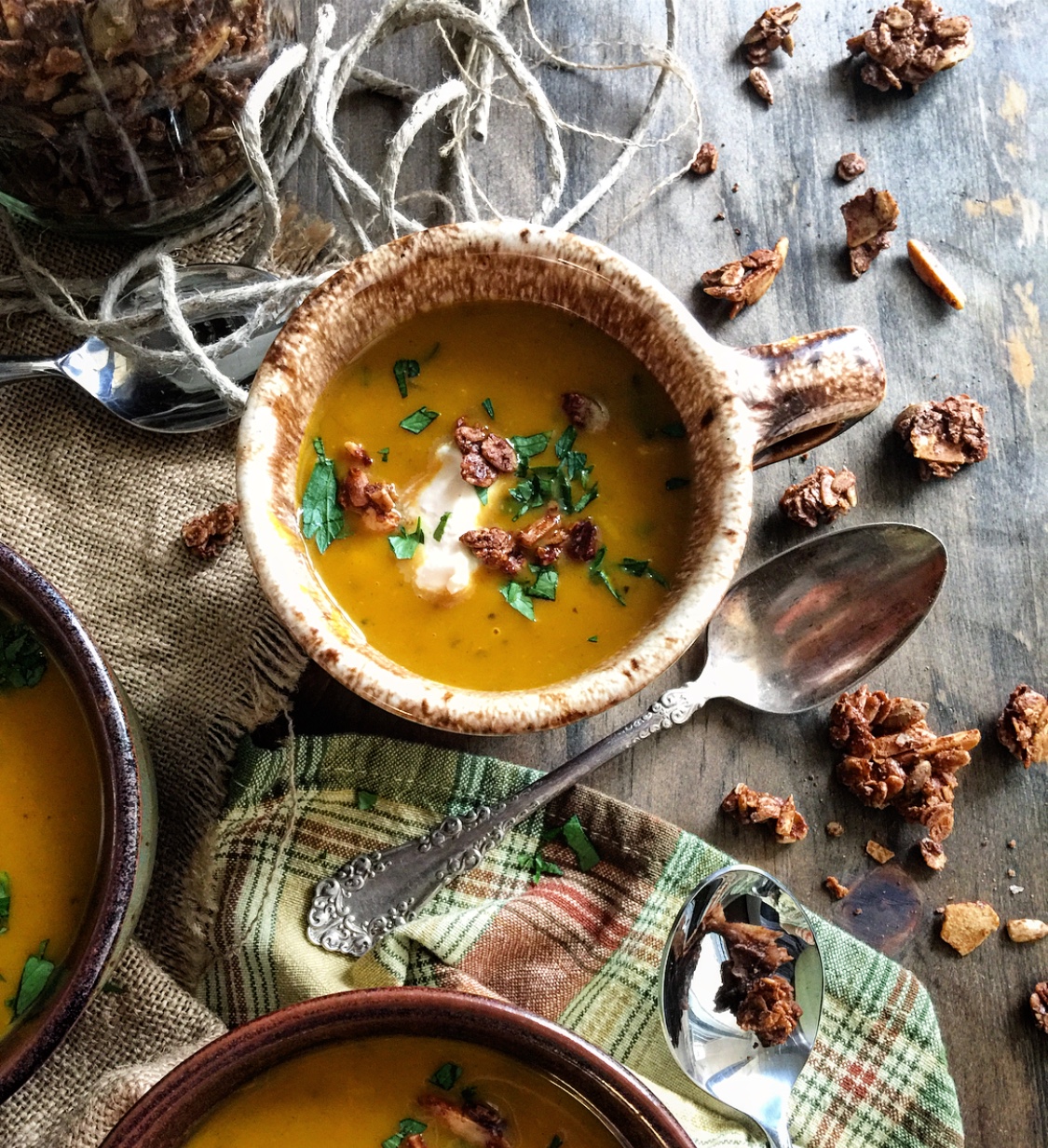 Curried Kabocha Squash Soup with Savoury Granola, autumn soup