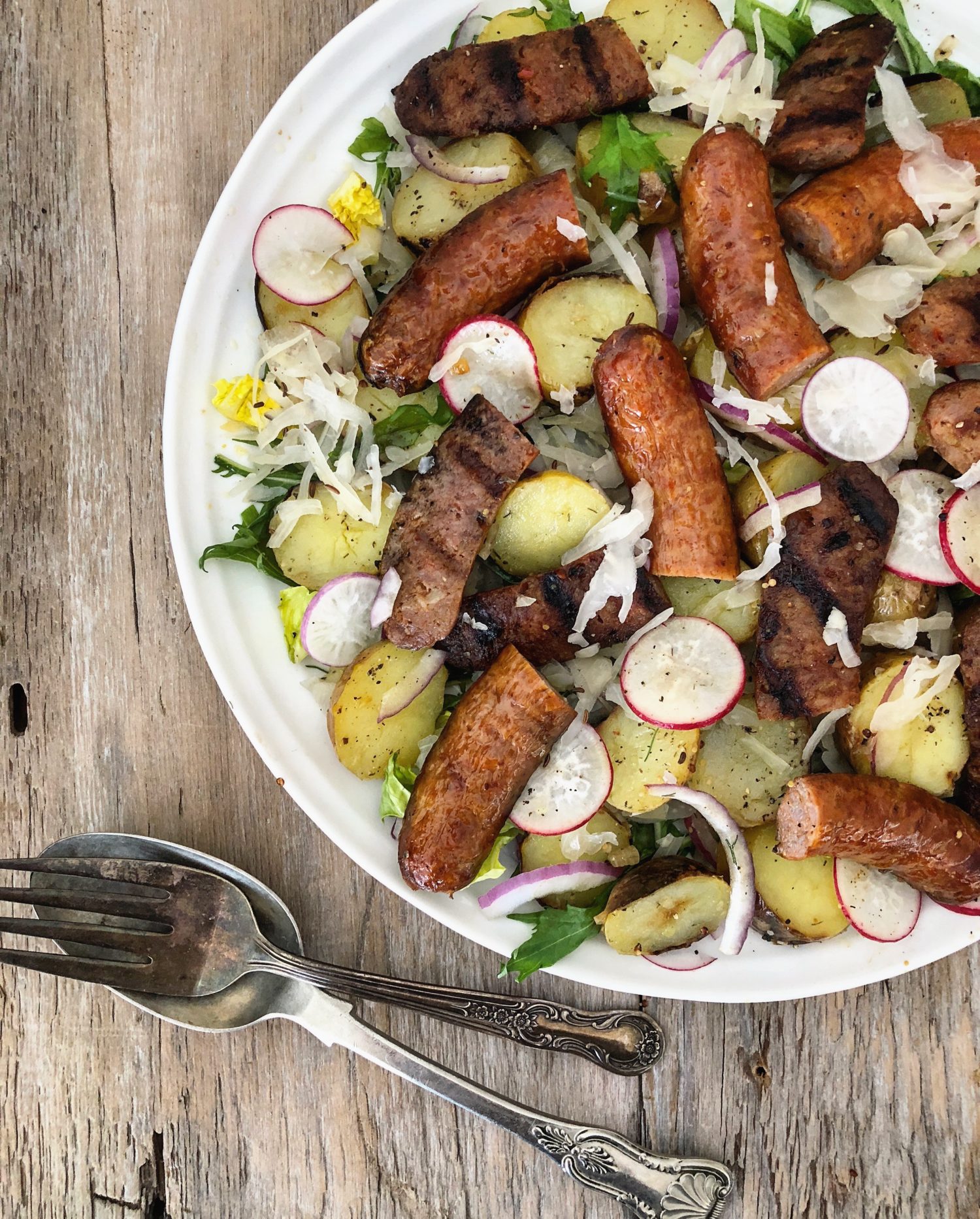 Grilled Sausage and Potato Salad with Sauerkraut