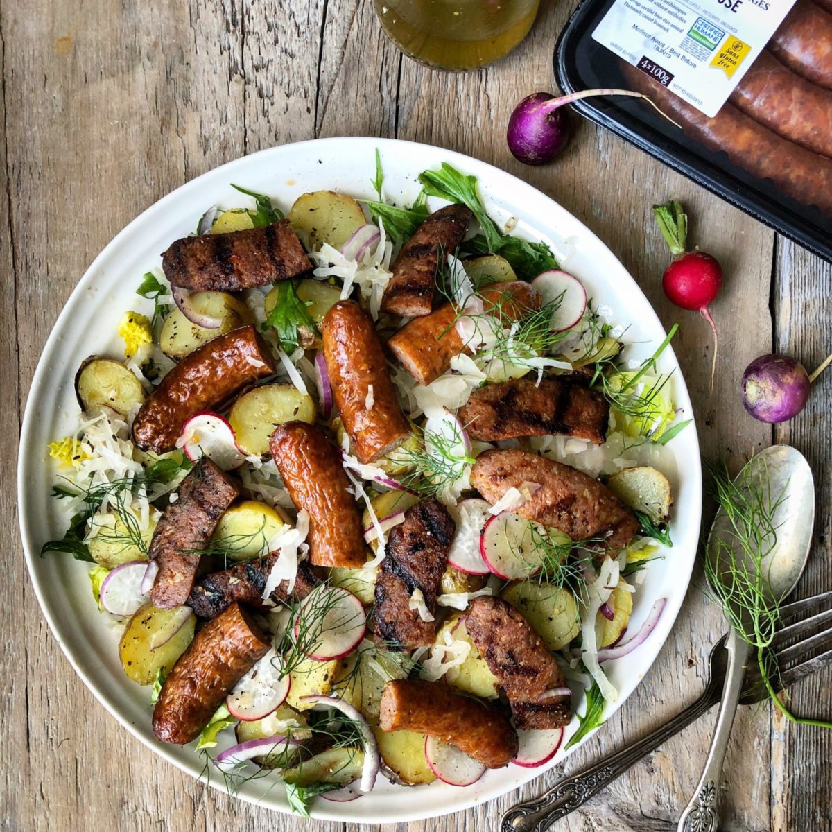 Grilled Sausage and Potato Salad with Sauerkraut