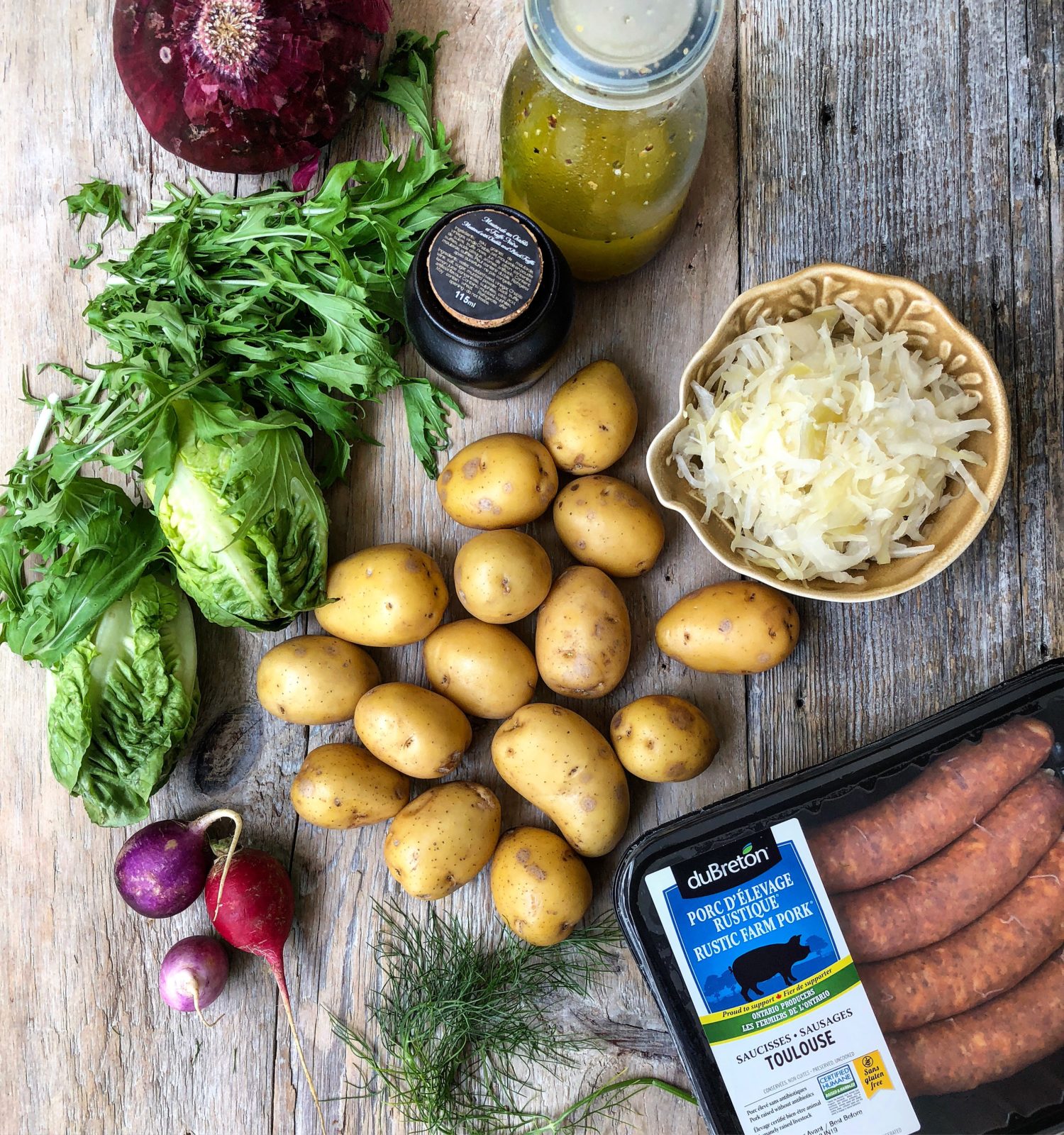 Ingredients for Grilled Sausage and Potato Salad with Sauerkraut