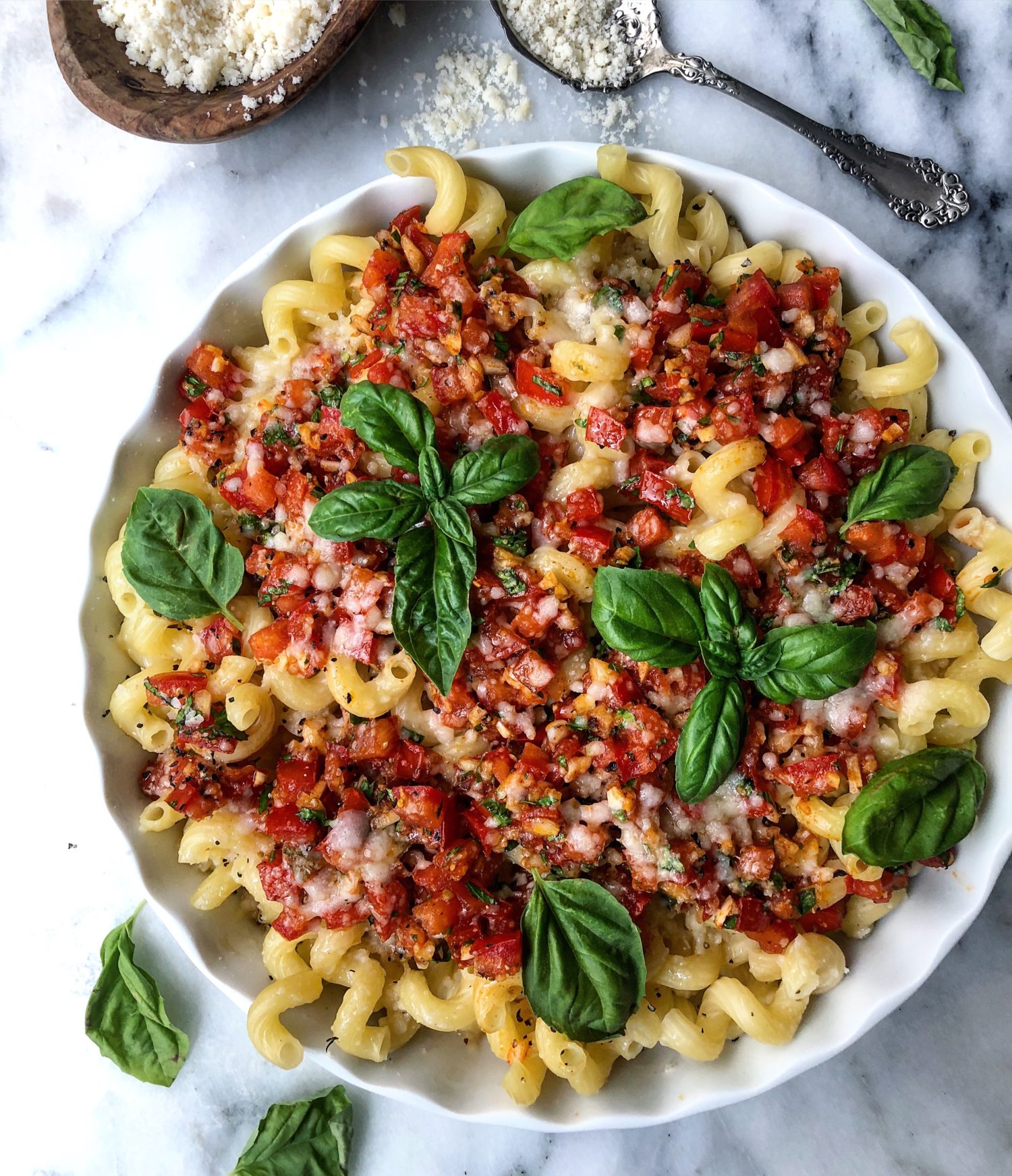 Harissa Bruschetta Pasta, easy summer no cook sauce