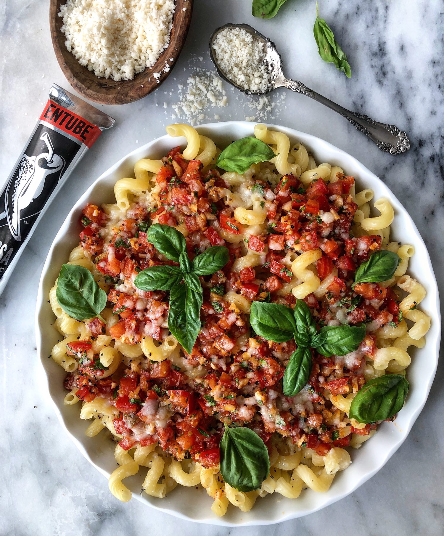 Harissa Bruschetta pasta, easy summer no cook sauce