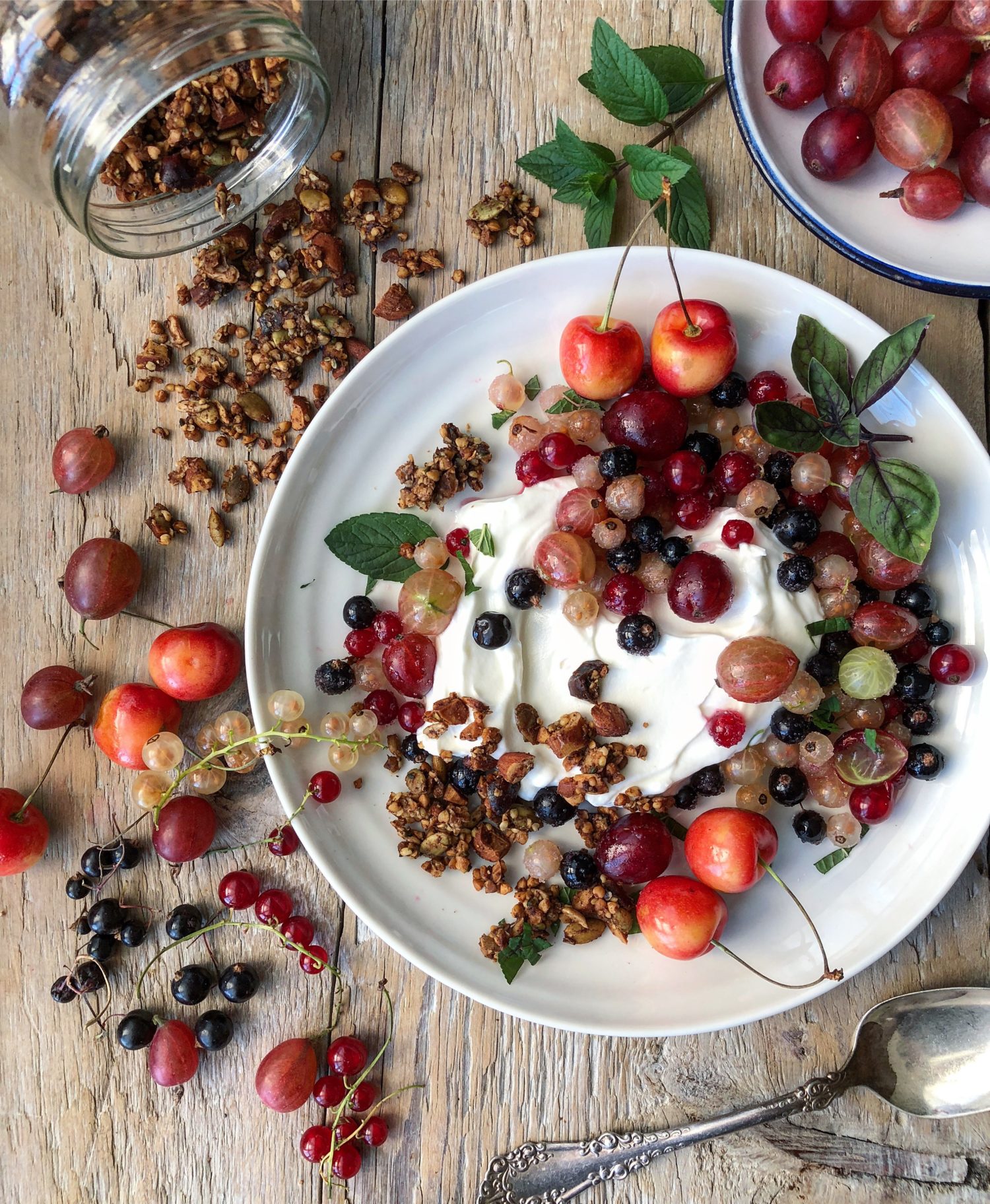 Tart and Sweet Currants and Gooseberries over Skyr with Gingerbread gluten free granola