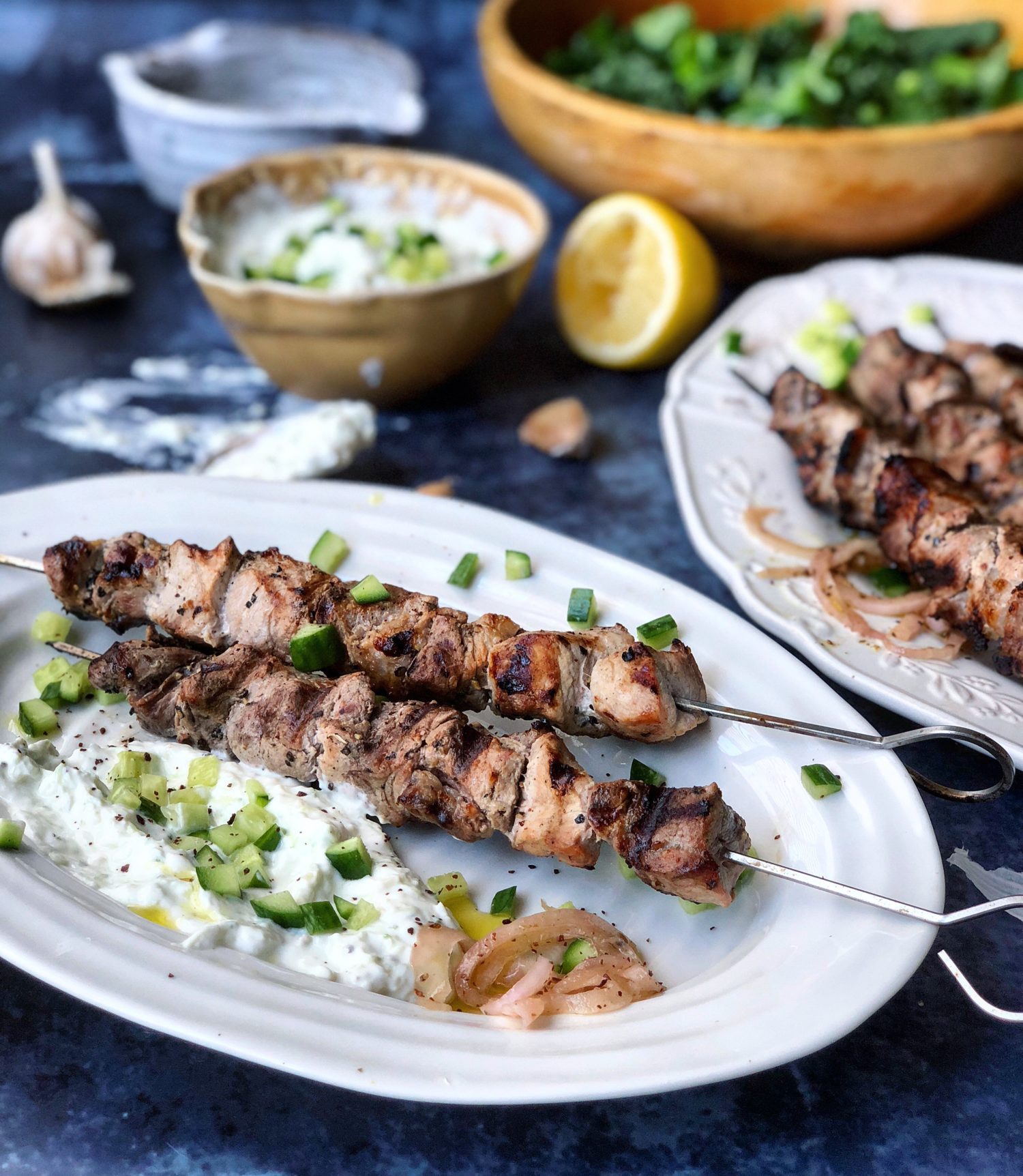 Mediterranean Pork Souvlaki with Labneh Tzatziki | The Lemon Apron