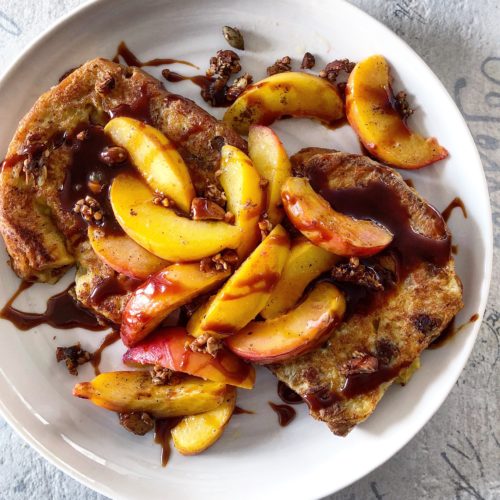 Cardamom Peach French Toast with Bourbon Caramel Sauce