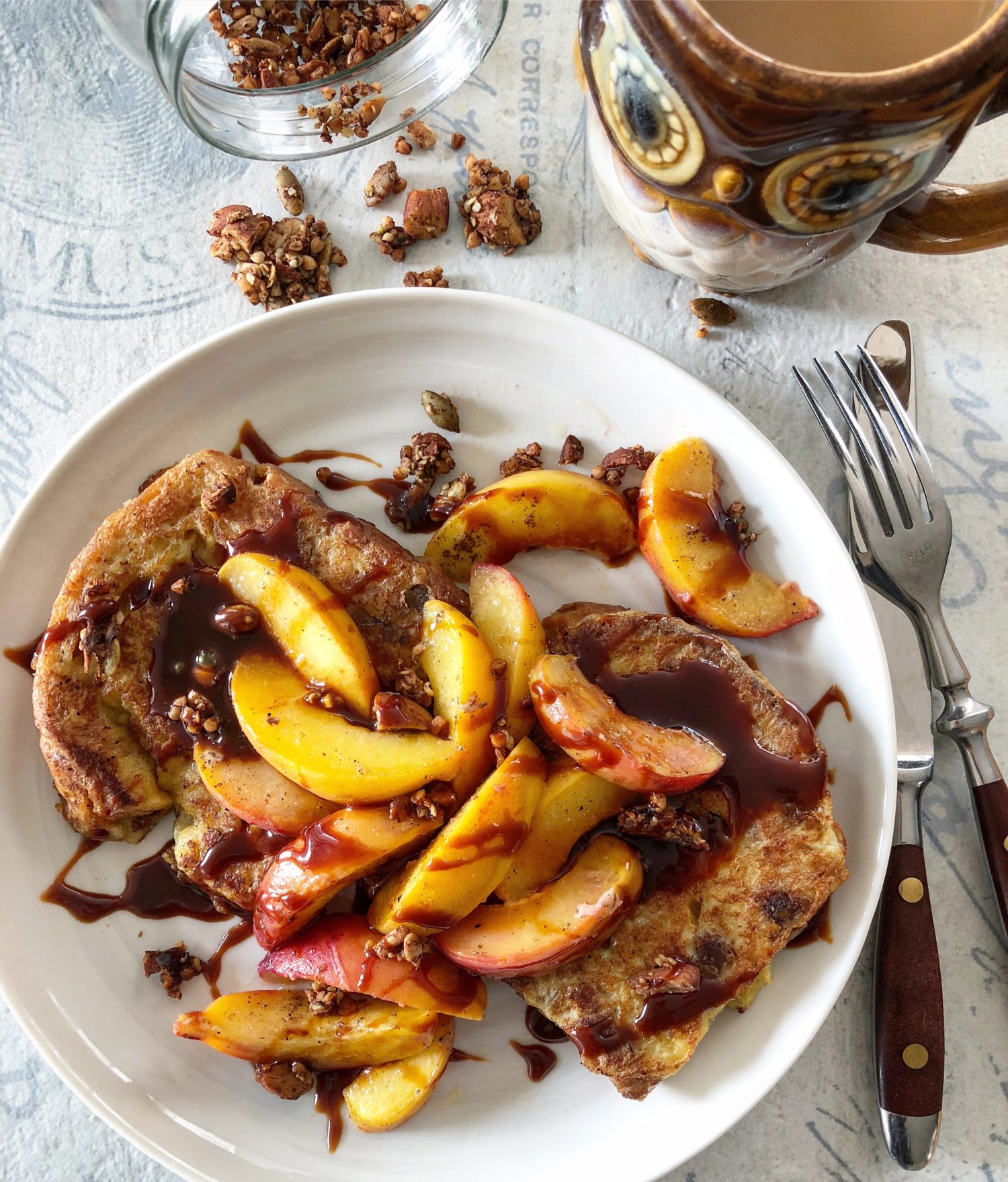 Cardamom Peach French Toast with Bourbon Caramel Sauce