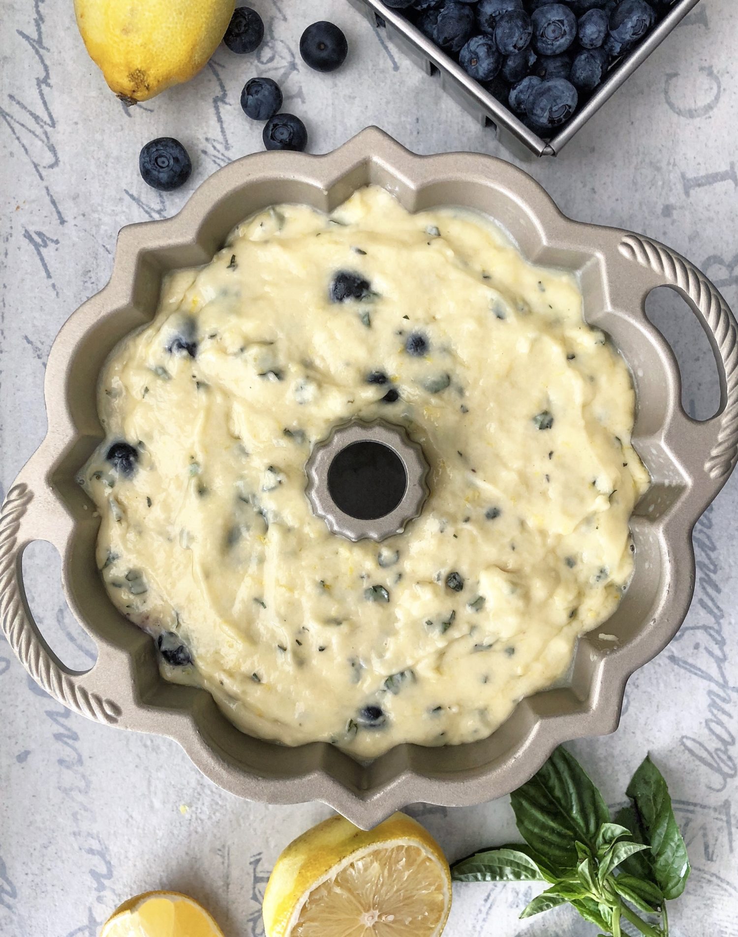 Lemon Blueberry and Basil Bundt Cake