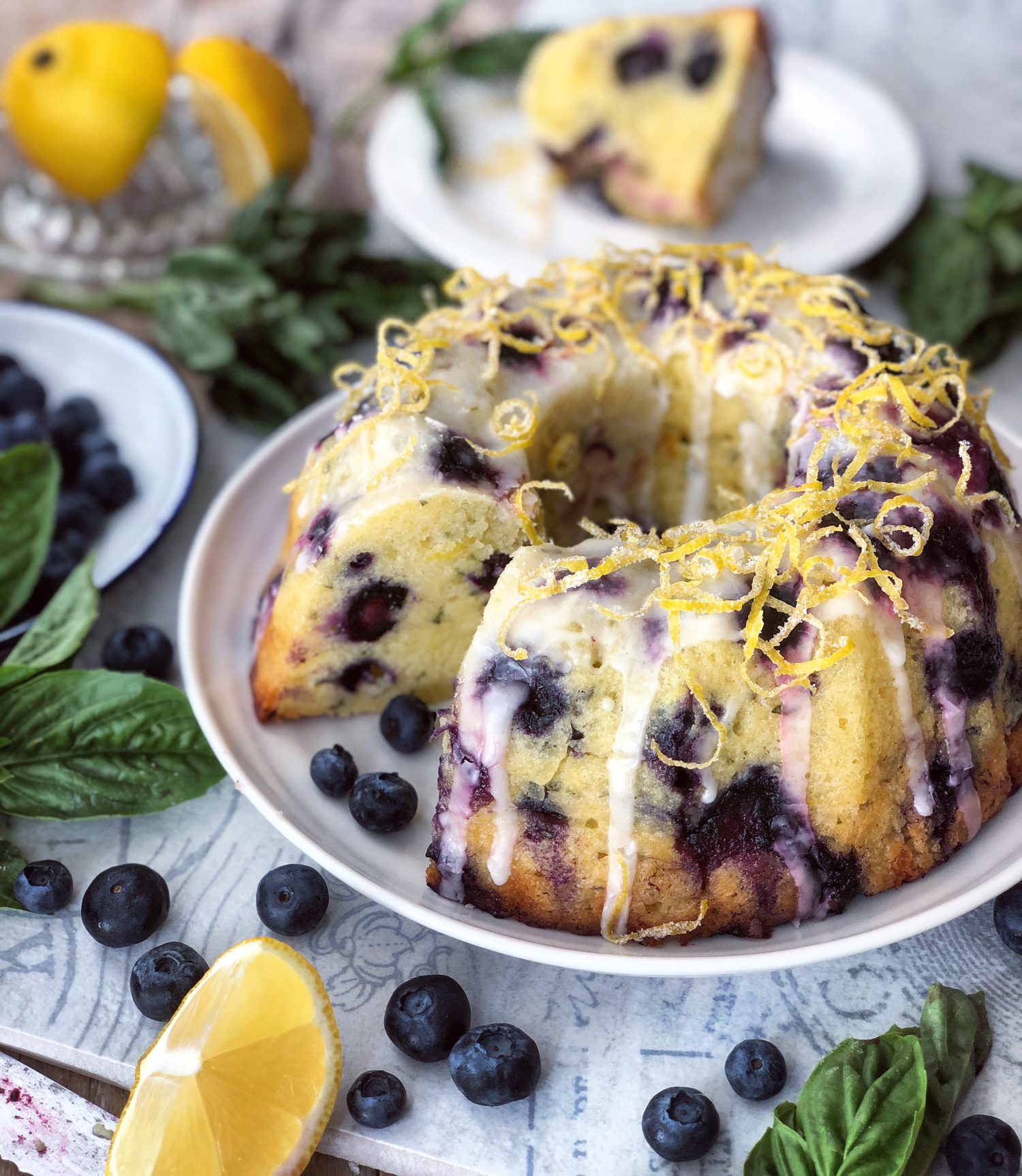 Moist and Tender Lemon Blueberry and Basil Bundt Cake