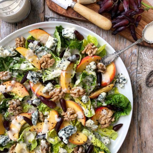 Seasonal Peach and Little Gems Salad with Walnuts, Grapes and Blue Cheese Dressing