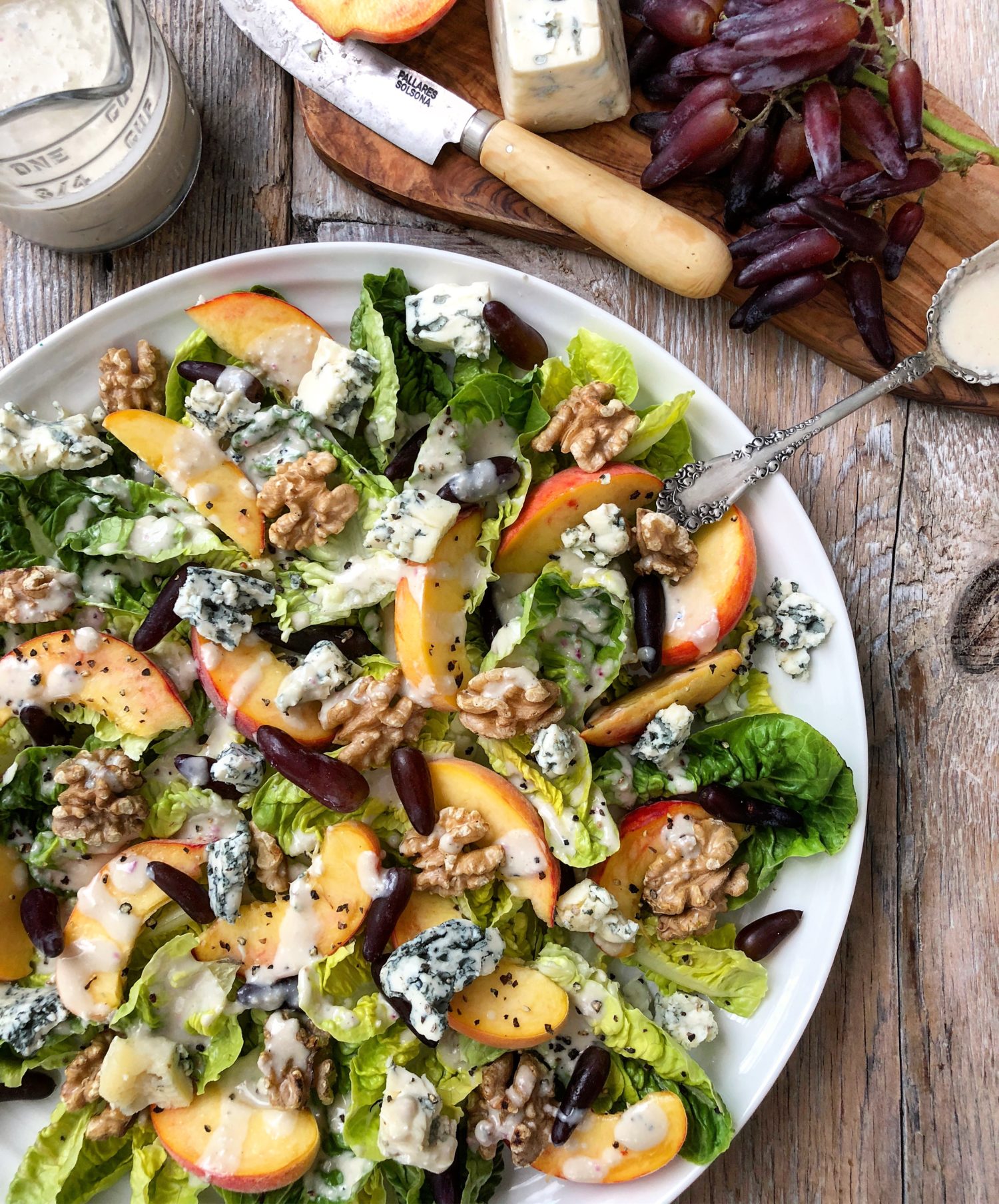 Peach and Little Gems Salad, with Grapes, Walnuts and Blue Cheese Dressing