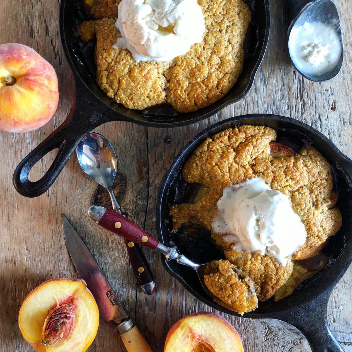 Spicy Maple Bourbon peach Cobbler with Cornmeal Biscuit Topping