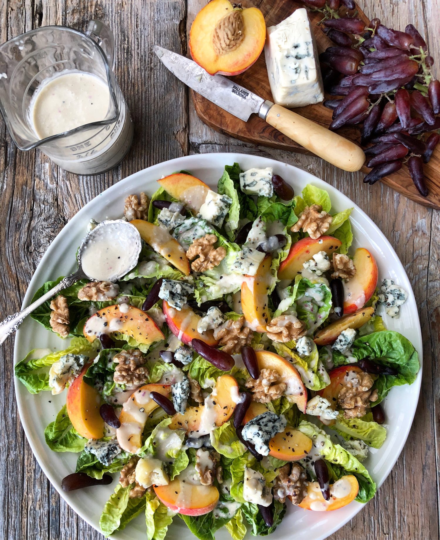 Seasonal Peach and Little Gems Salad with Grapes, Walnuts and Blue Cheese Dressing