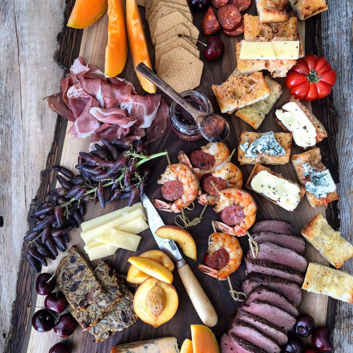 Summer Grilling Cheeseboard, with venison, shrimp and pan con tomate