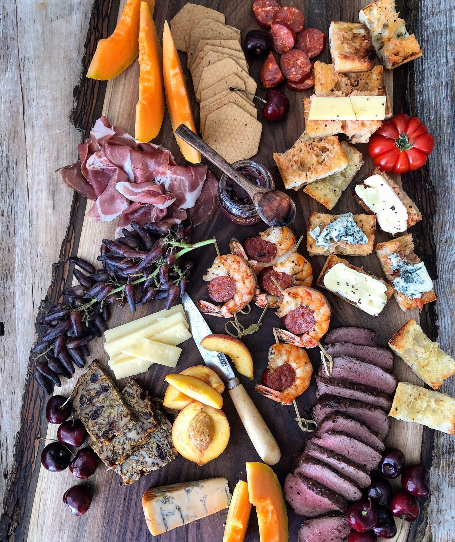 Summer Grilling Cheeseboard, with venison, shrimp and pan con tomate