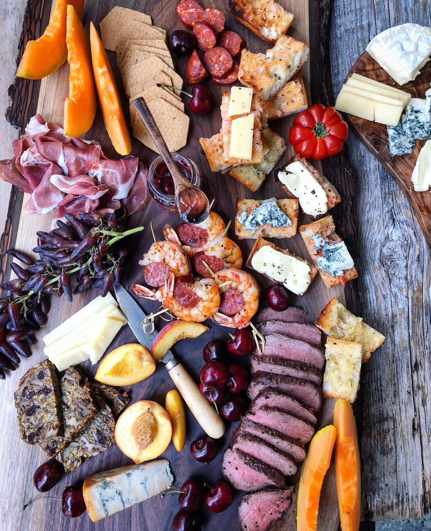 Summer Grilling Cheeseboard, with venison, shrimp and pan con tomate