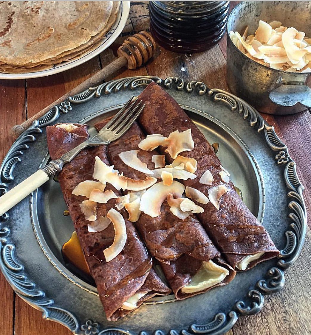 Brie Stuffed Chestnut Chocolate Crepes with honey