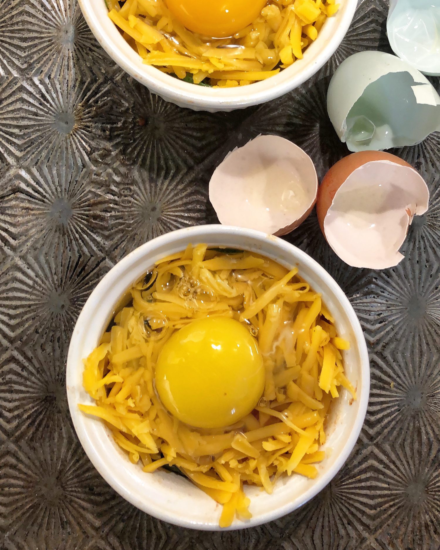 BLT Baked Eggs before baking under the broiler