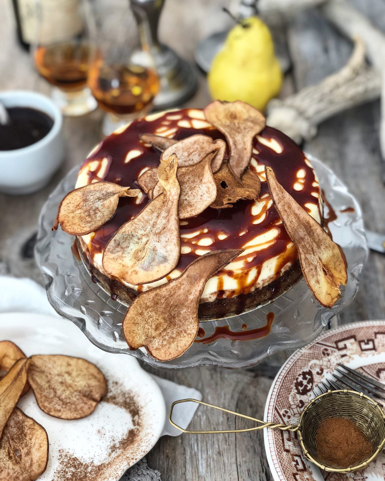 Salted Bourbon Caramel Cheesecake on a walnut mesquite crust and pear chips