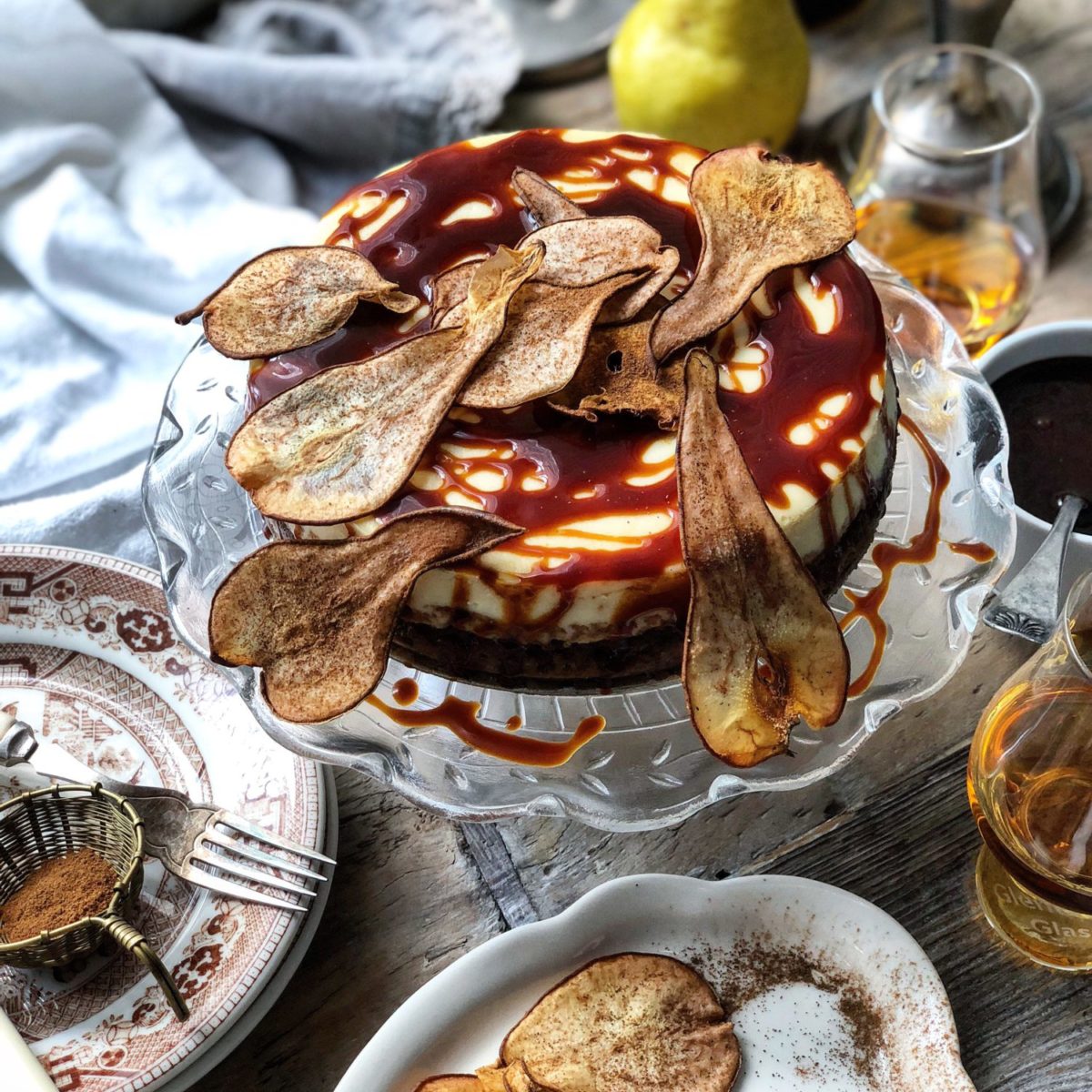 Salted Bourbon Caramel Cheesecake on a walnut mesquite crust and pear chips