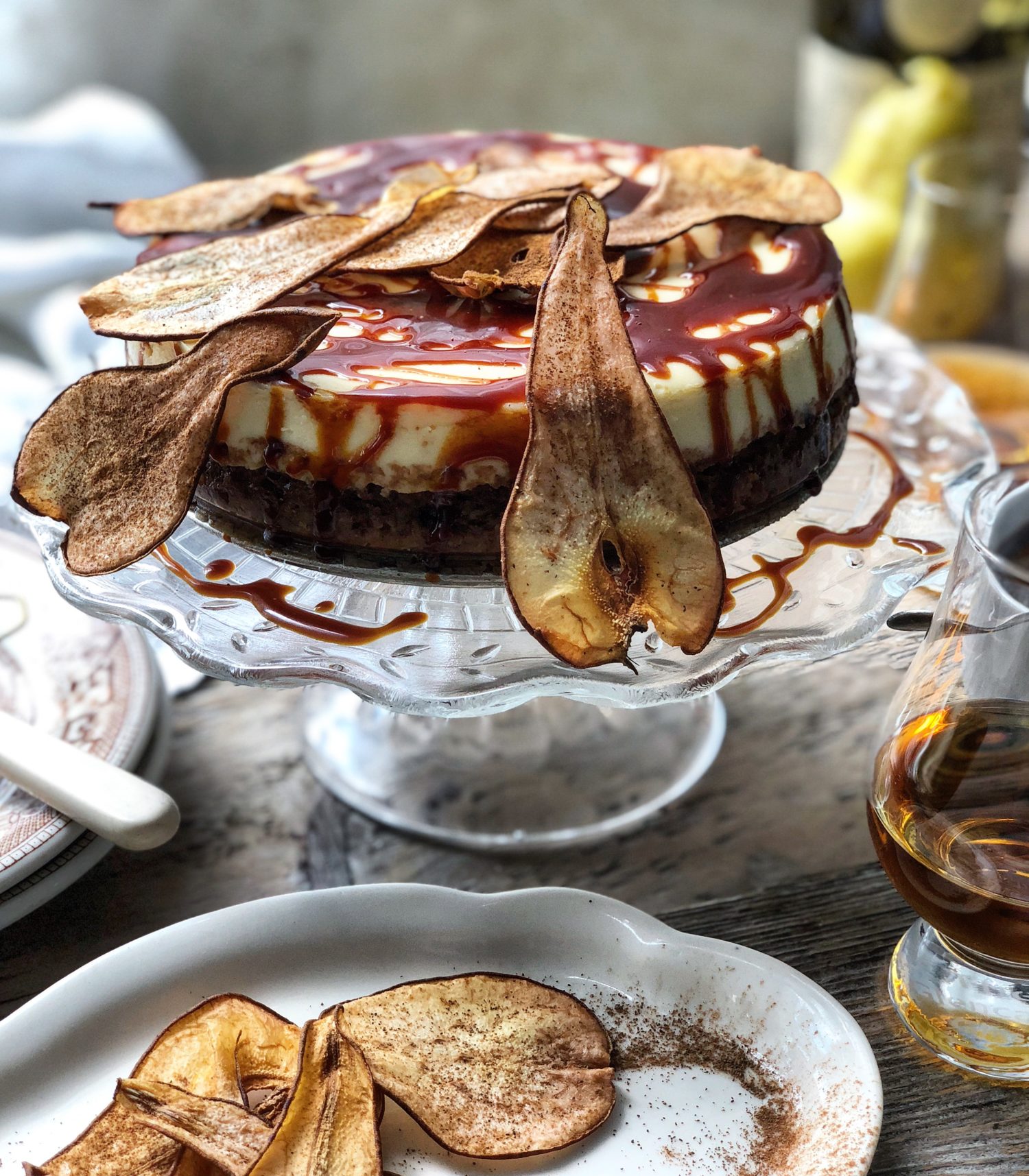 Salted Bourbon Caramel Cheesecake on a walnut mesquite crust and pear chips