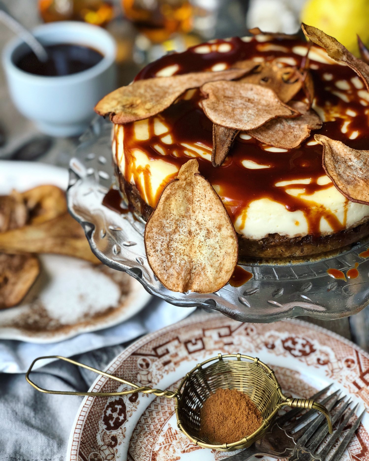 Salted Bourbon Caramel Cheesecake on a walnut mesquite crust and pear chips