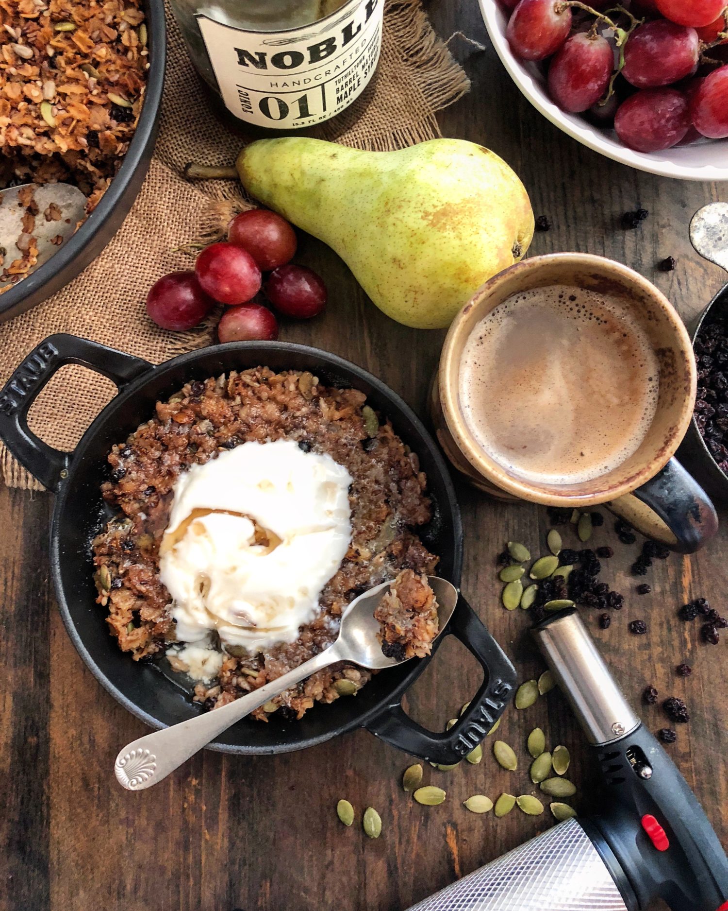 Toasted nutty seed and dried currant baked oatmeal brûlée