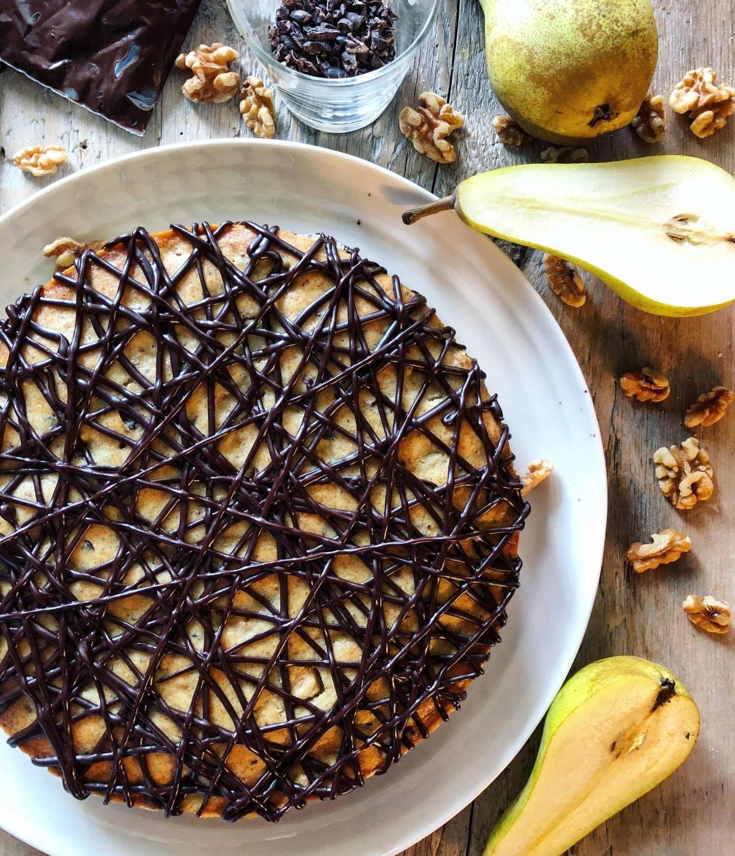 Pear Chestnut Cake with chocolate ganache drizzle