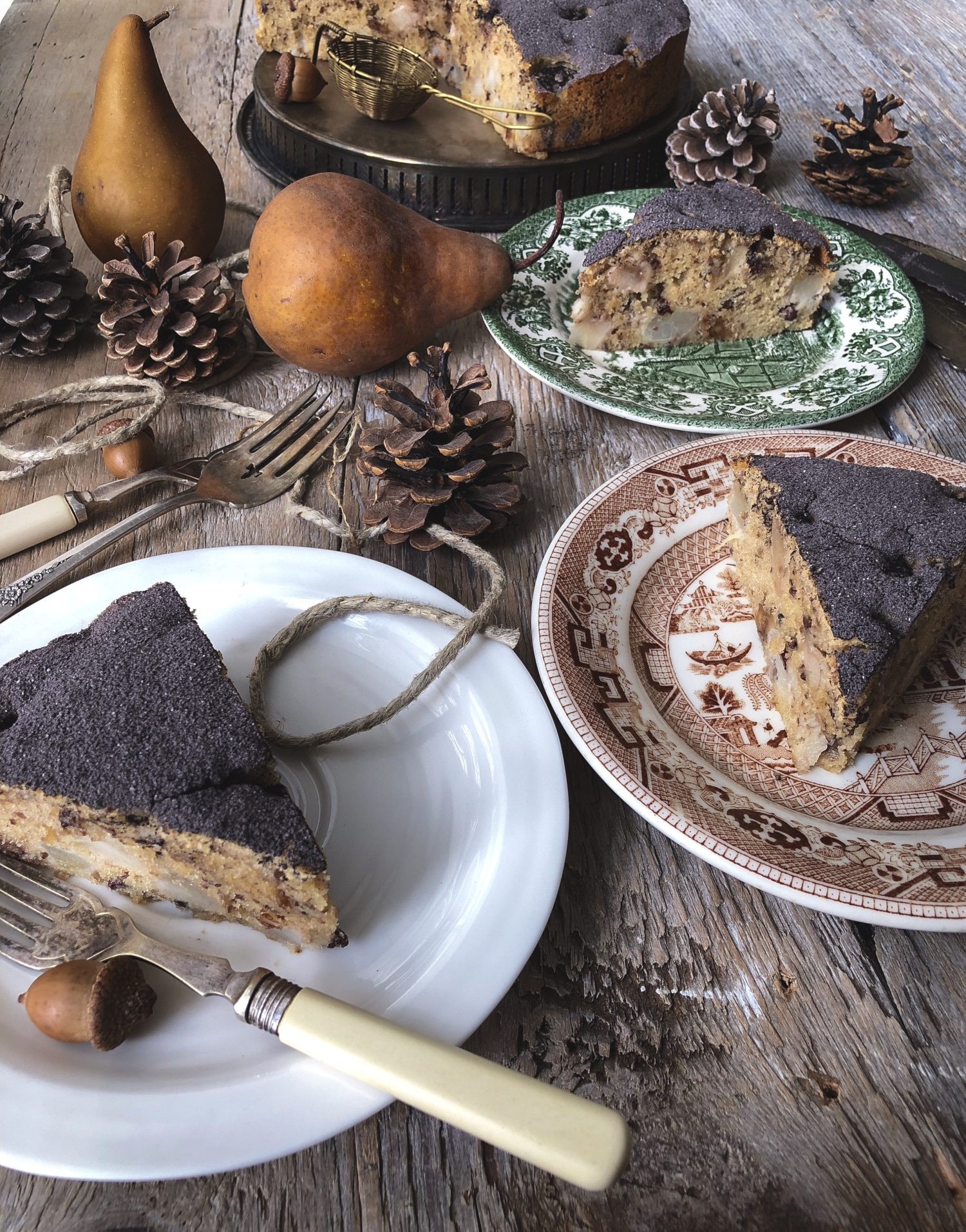 tender Pear and Chestnut cake dusted with cocoa powder