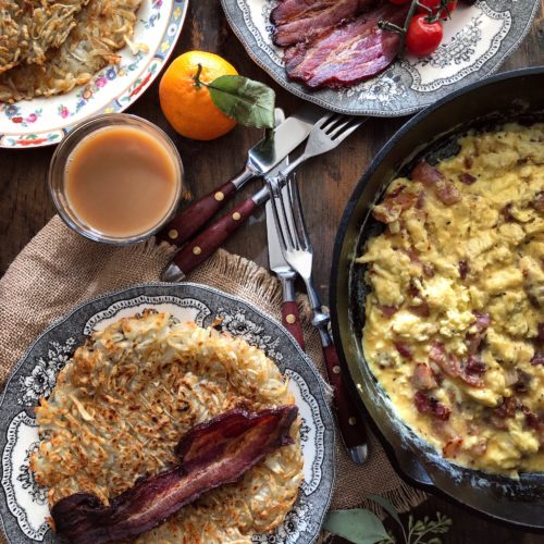 crispy and creamy potato Rösti and bacon scrambled eggs