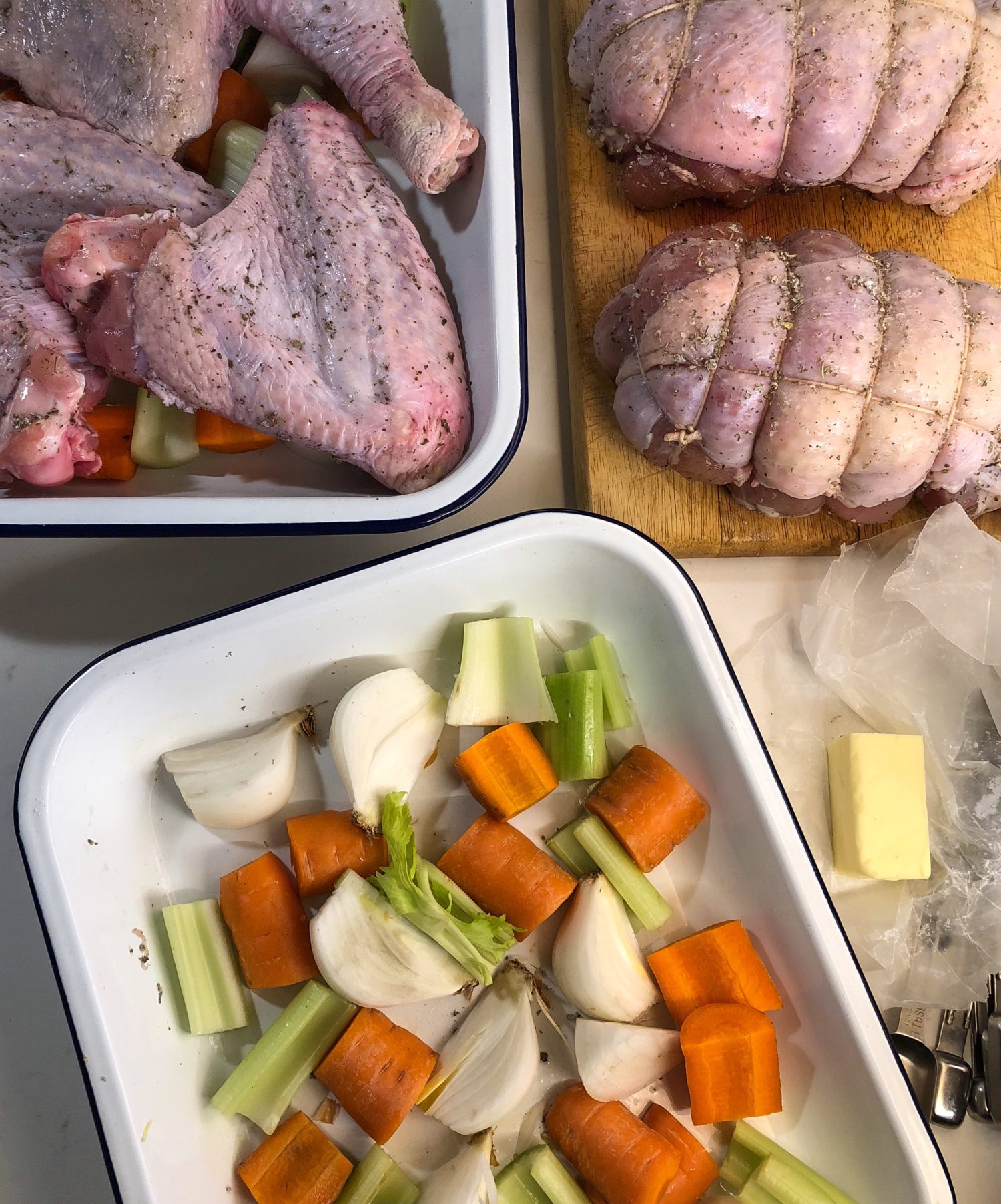 Sage Butter Roast Turkey prep, vegetable trivet, dark and light meat separated