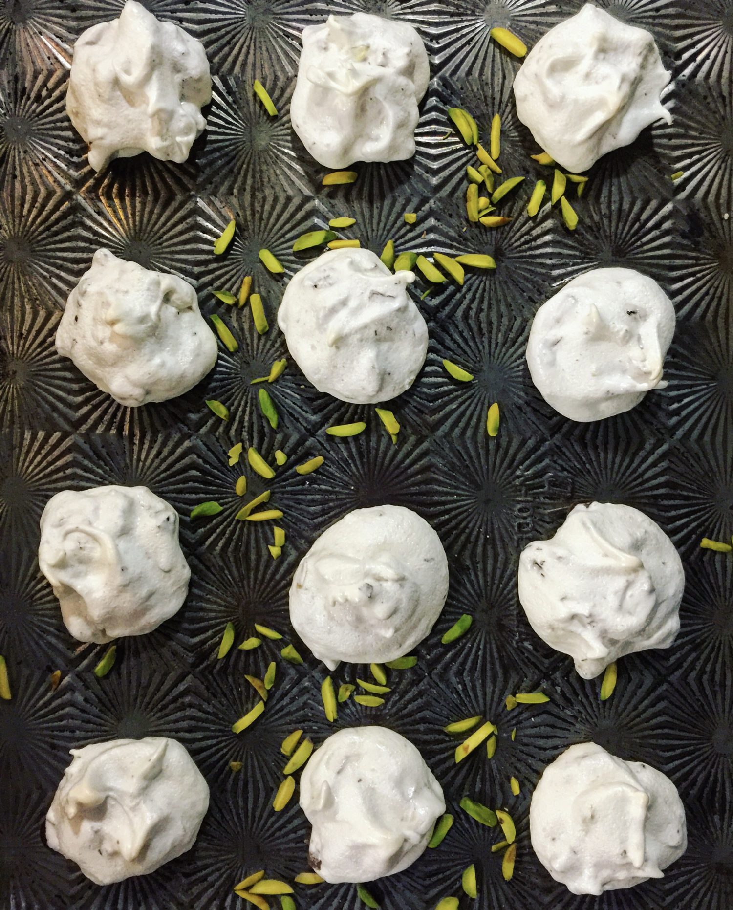 Forgotten Meringue Cookies, Forget Me Nots, pistachio, starburst bakeware