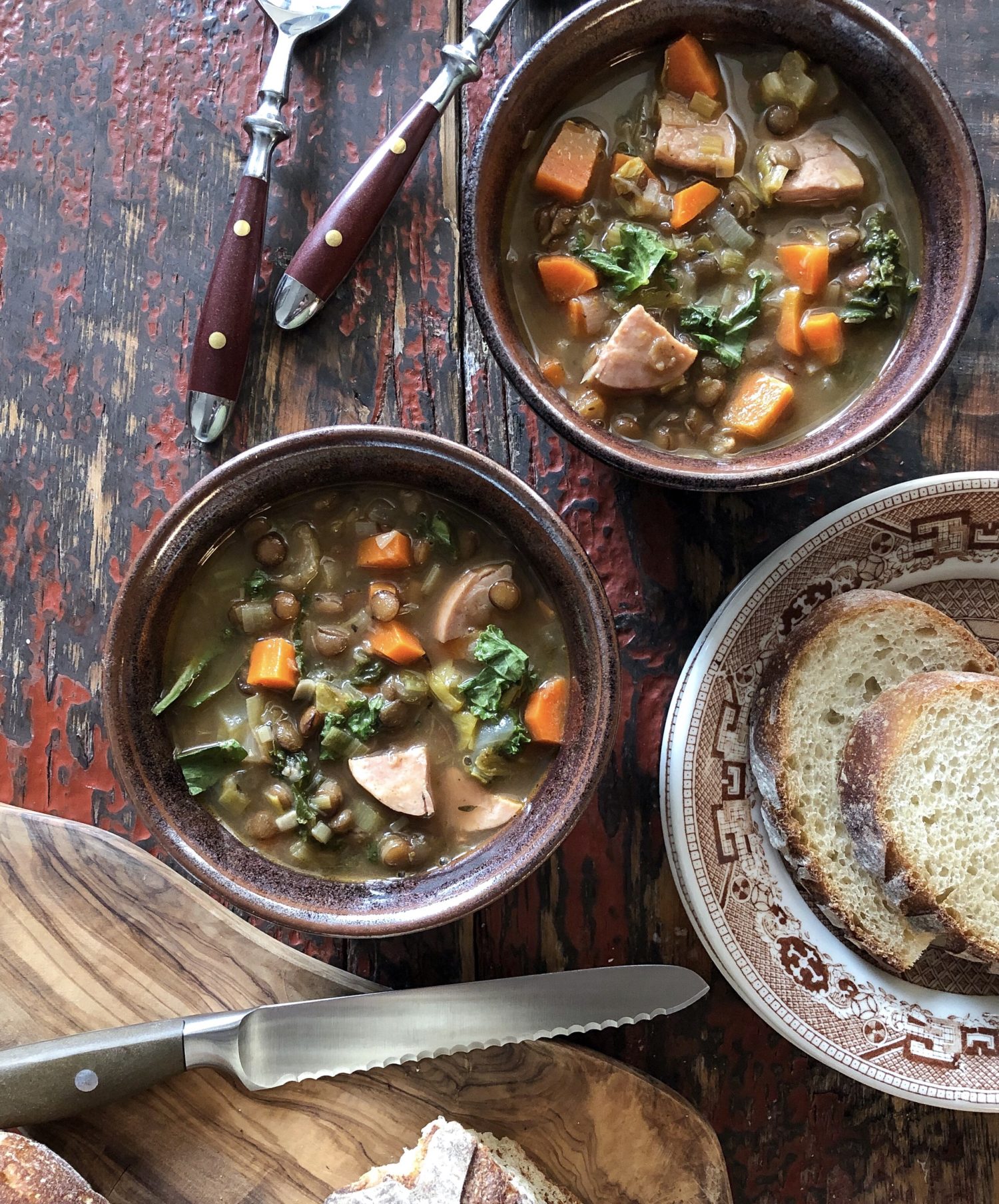 Hearty Winter Lentil, sausage and Kale soup