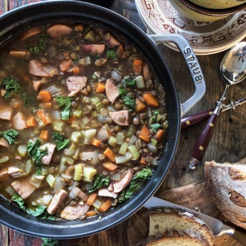 Hearty Winter Lentil, sausage and Kale soup