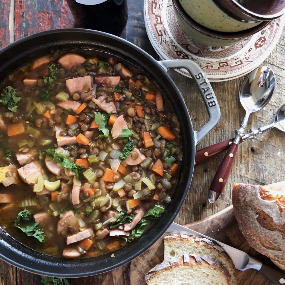 Hearty Winter Lentil, sausage and Kale soup