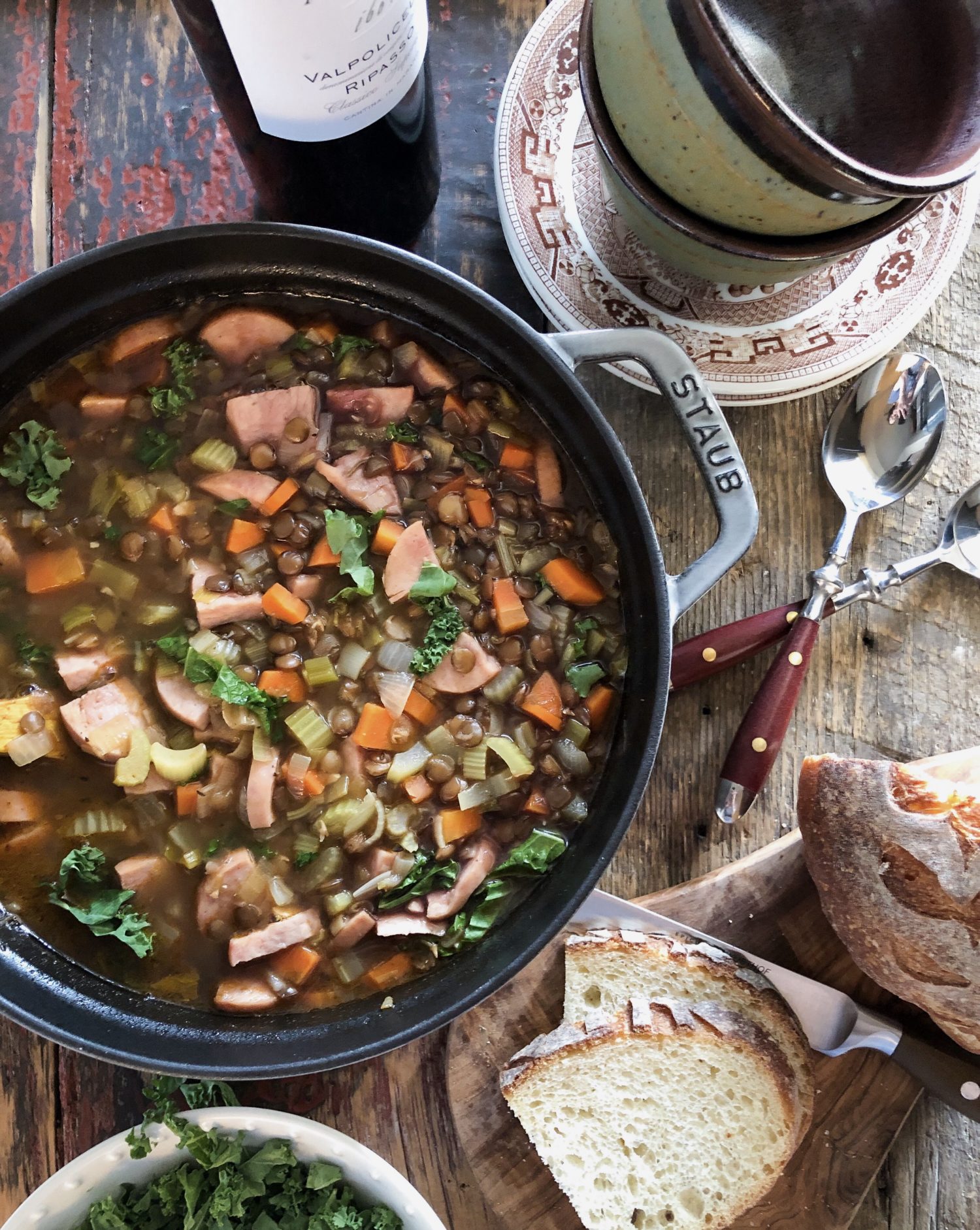 Hearty Winter Lentil, sausage and Kale soup