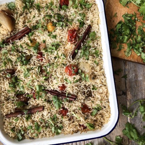 Baked Rice with Tomato and garlic confit